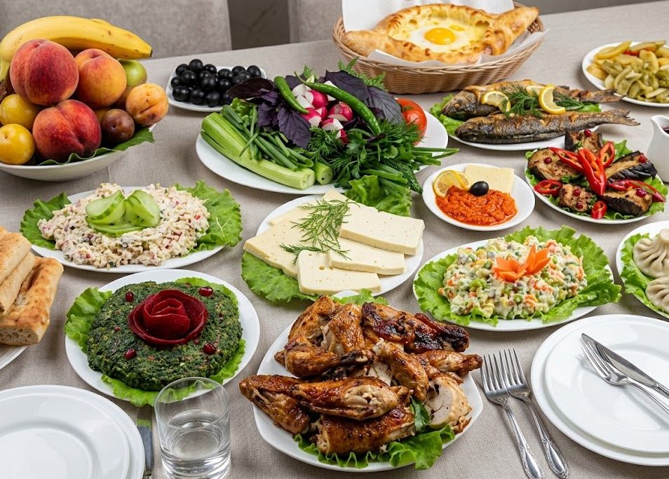 Georgische Tafel, gedeckt mit Nationalgerichten